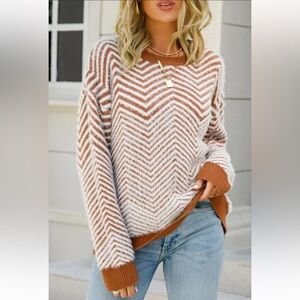 BOHME CHEVRON “LORENA” OVERSIZED SWEATER BROWN & WHITE DROP SLEEVE SIZE XL
